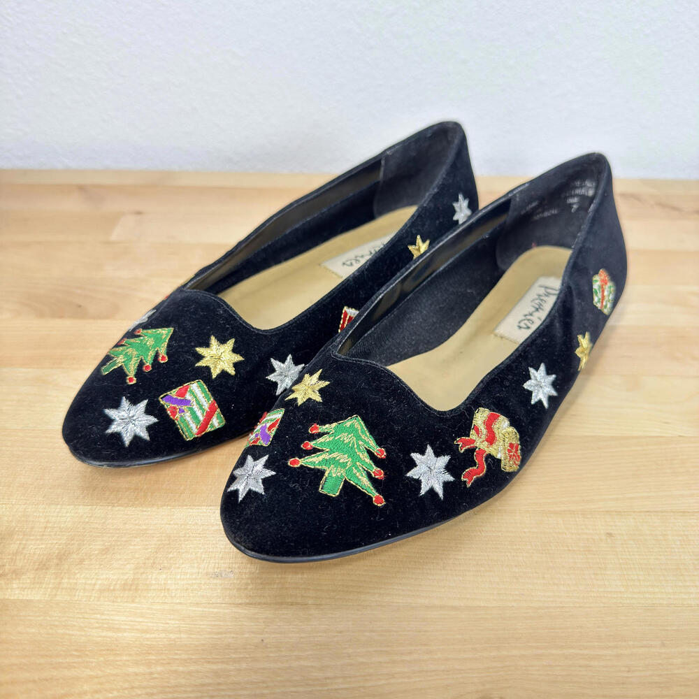 Premiers Vintage Black Velvet‎ Holiday Flats 7 Embroidered Christmas Shoes